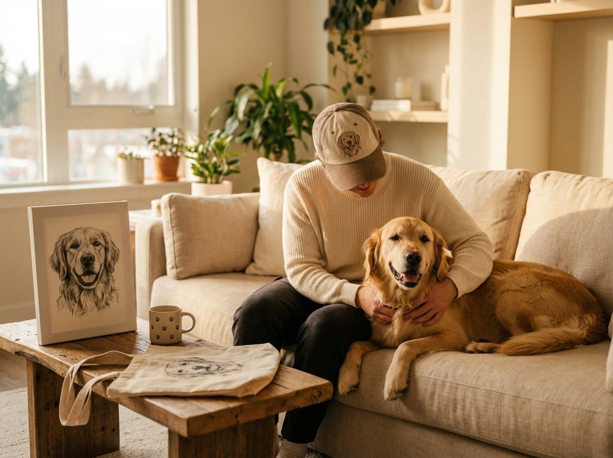 Person relaxing with their dog surrounded by custom Snoutique pet products